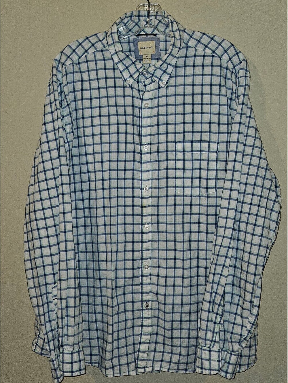 GH Bass Co Mens Plaid Button Down Shirt Blue Green White XL